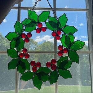 Vtg Stained Glass Holly Berry Wreath Suncatcher with Hanging Chain Hand Made 11”